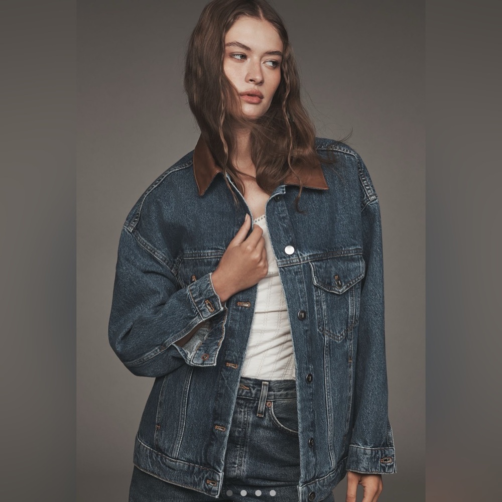 The Weston Leather-Collar Denim Boyfriend Jacket by Pilcro
